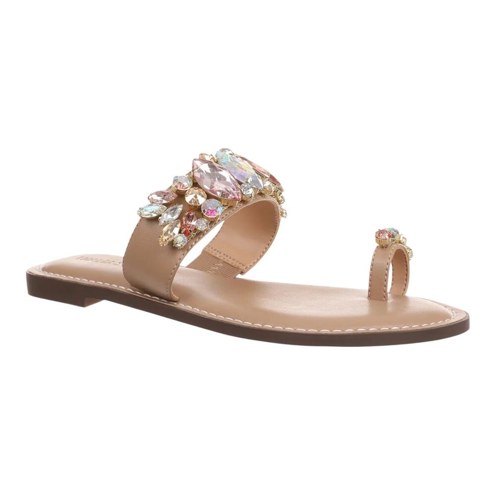 Thalia Sodi Women's Weylin Crystal Embellished Flat Slide Sandals Beige Size 6